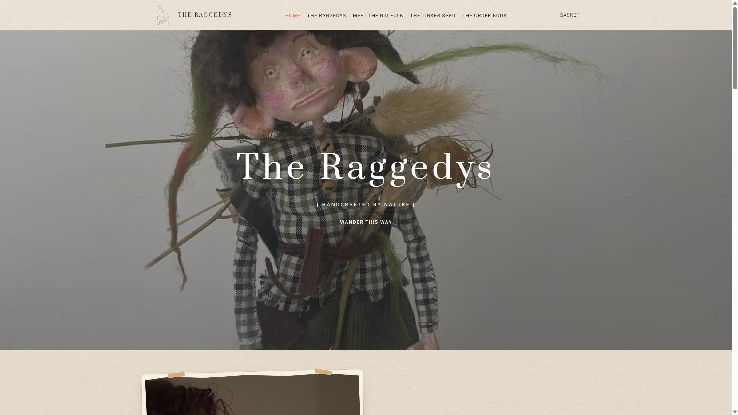 The Raggedys homepage, with a handmade doll in the hero and the line Handcrafted by nature