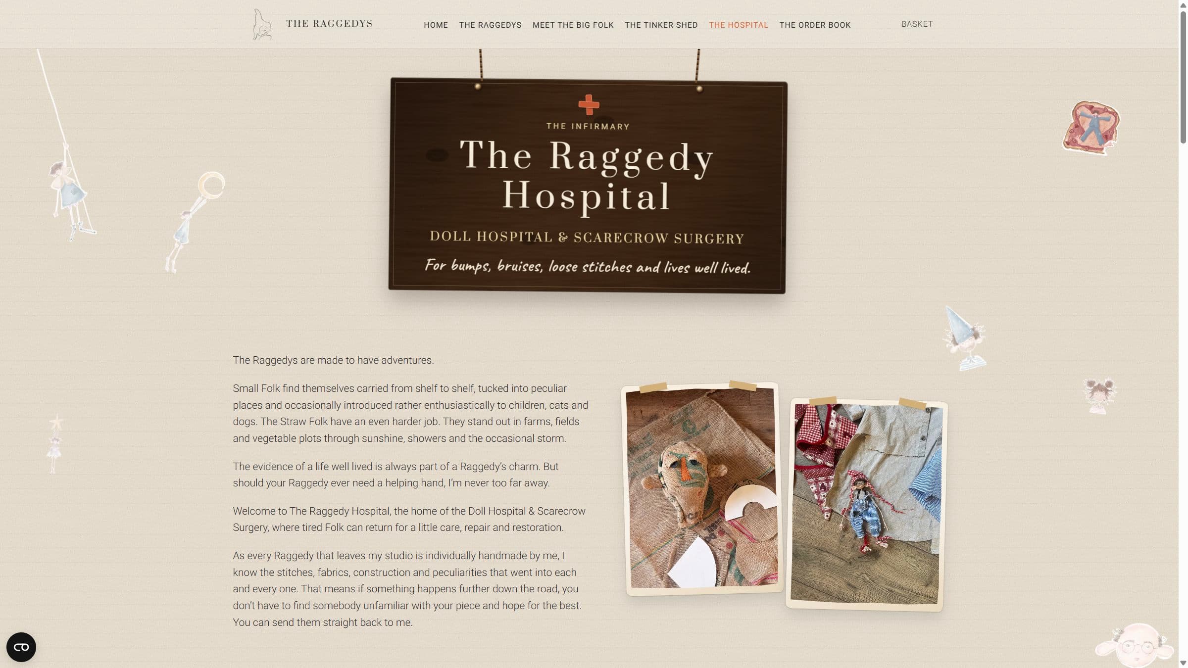 The Raggedy Hospital page, with a hanging wooden sign for doll hospital and scarecrow surgery