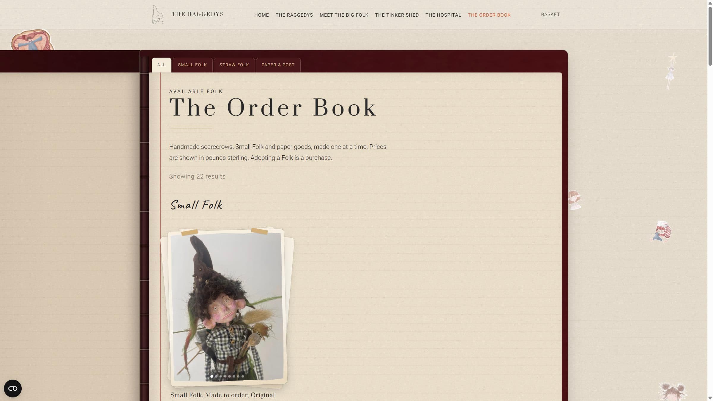 The Order Book on The Raggedys, designed as a bound ledger of named Folk with taped photographs
